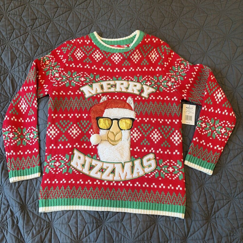33 Degrees Ugly Christmas Sweater Boys Large 14/16  Merry Rizzmas Red NWT